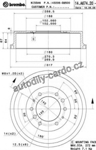 Brzdový buben BREMBO 14.A674.20 - NISSAN