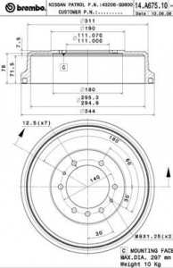 Brzdový buben BREMBO 14.A675.10 - NISSAN